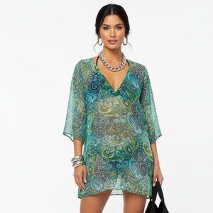 Bitter Apple Green & Blue Print Sheer Swim Bathing Suit Cover Up Dress L
